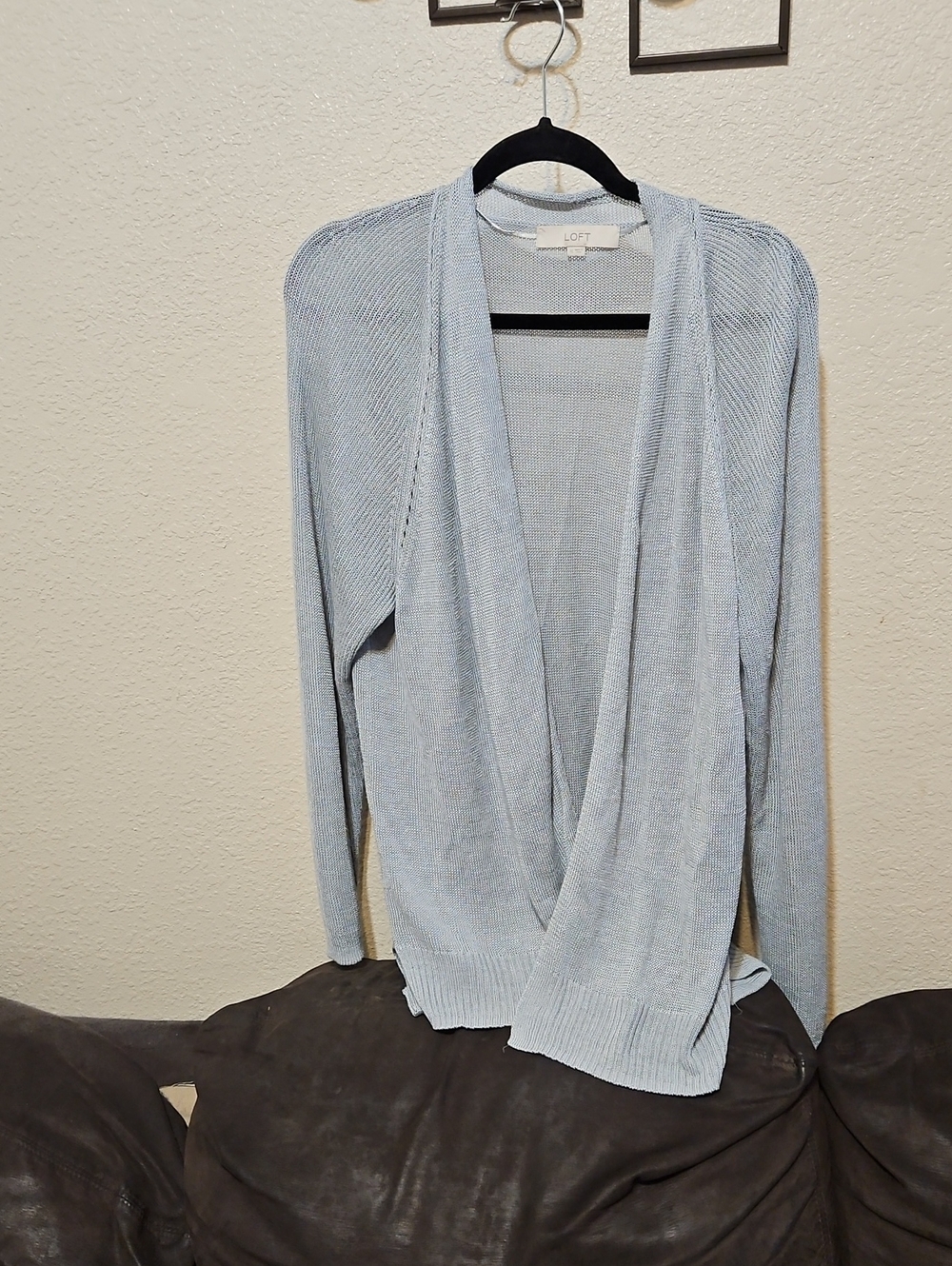 LOFT Linen Blend Light Blue Open-Front Draped Cardigan